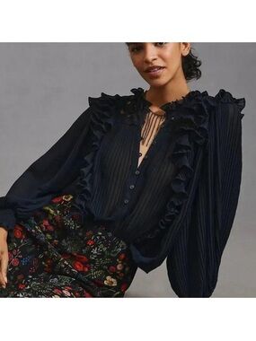 Black Ruffle-Trim Long-Sleeve Blouse